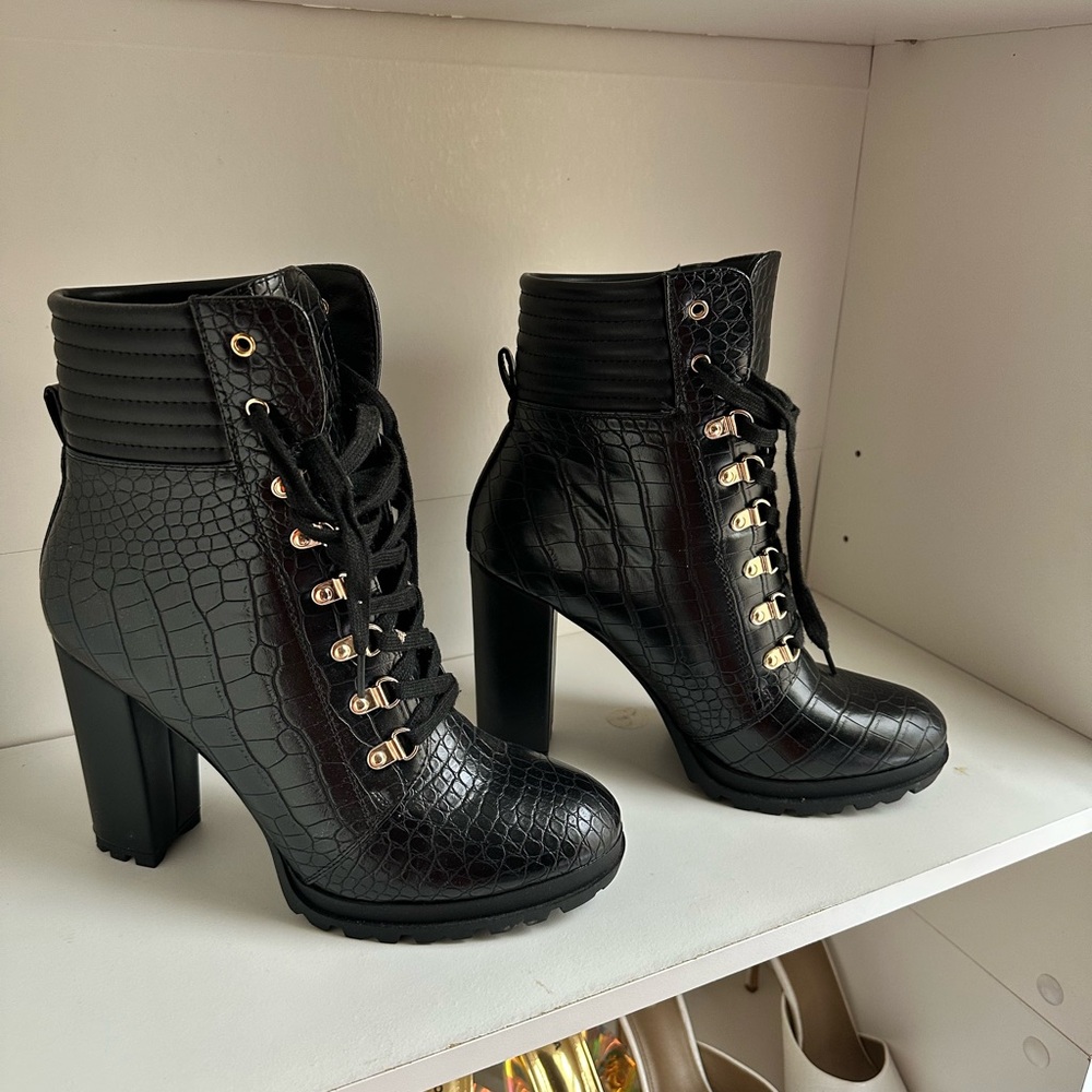 Black Croc-Embossed Lace-Up Ankle Boots